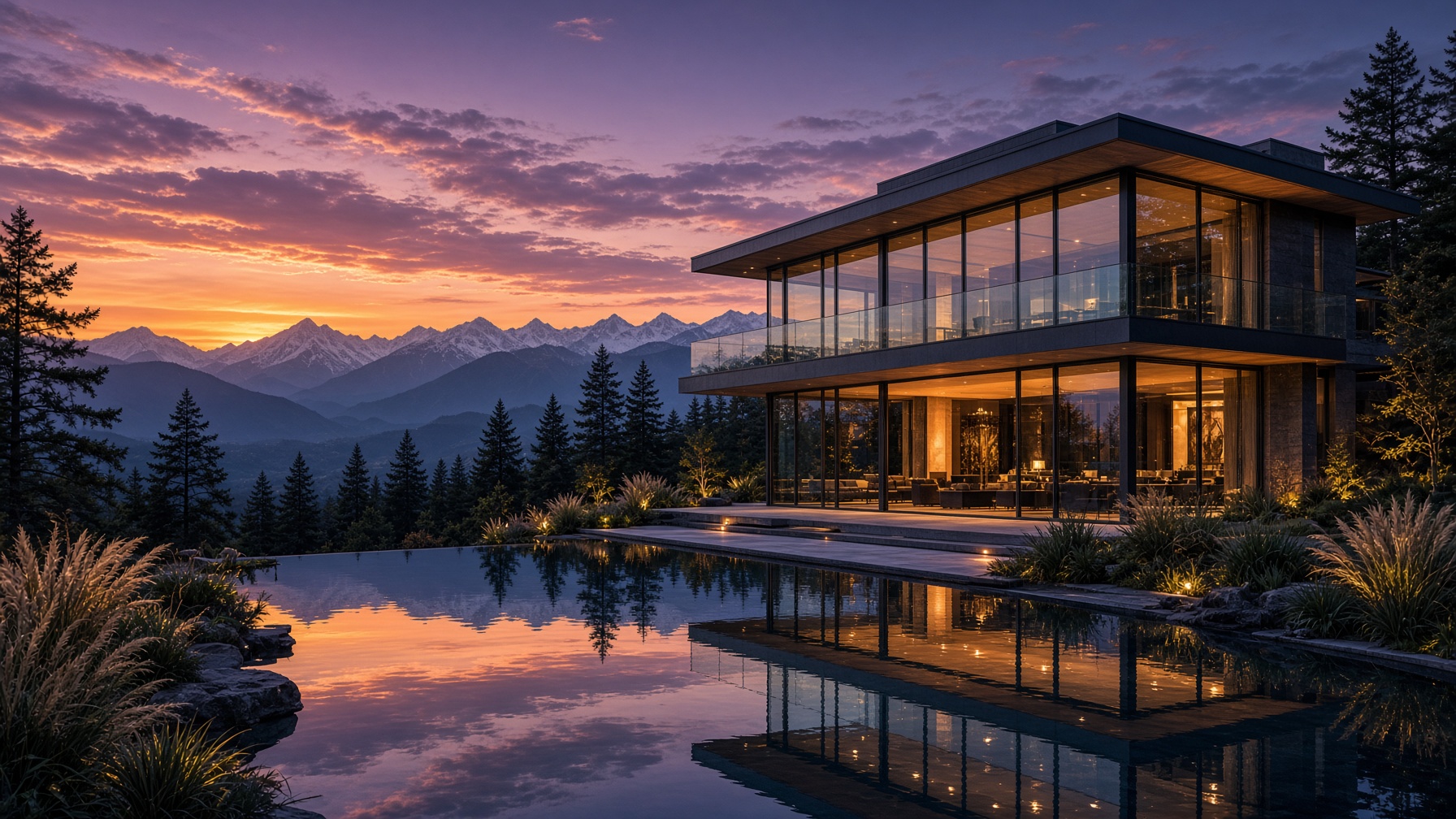 Luxury modern home at dusk in the Kathmandu valley